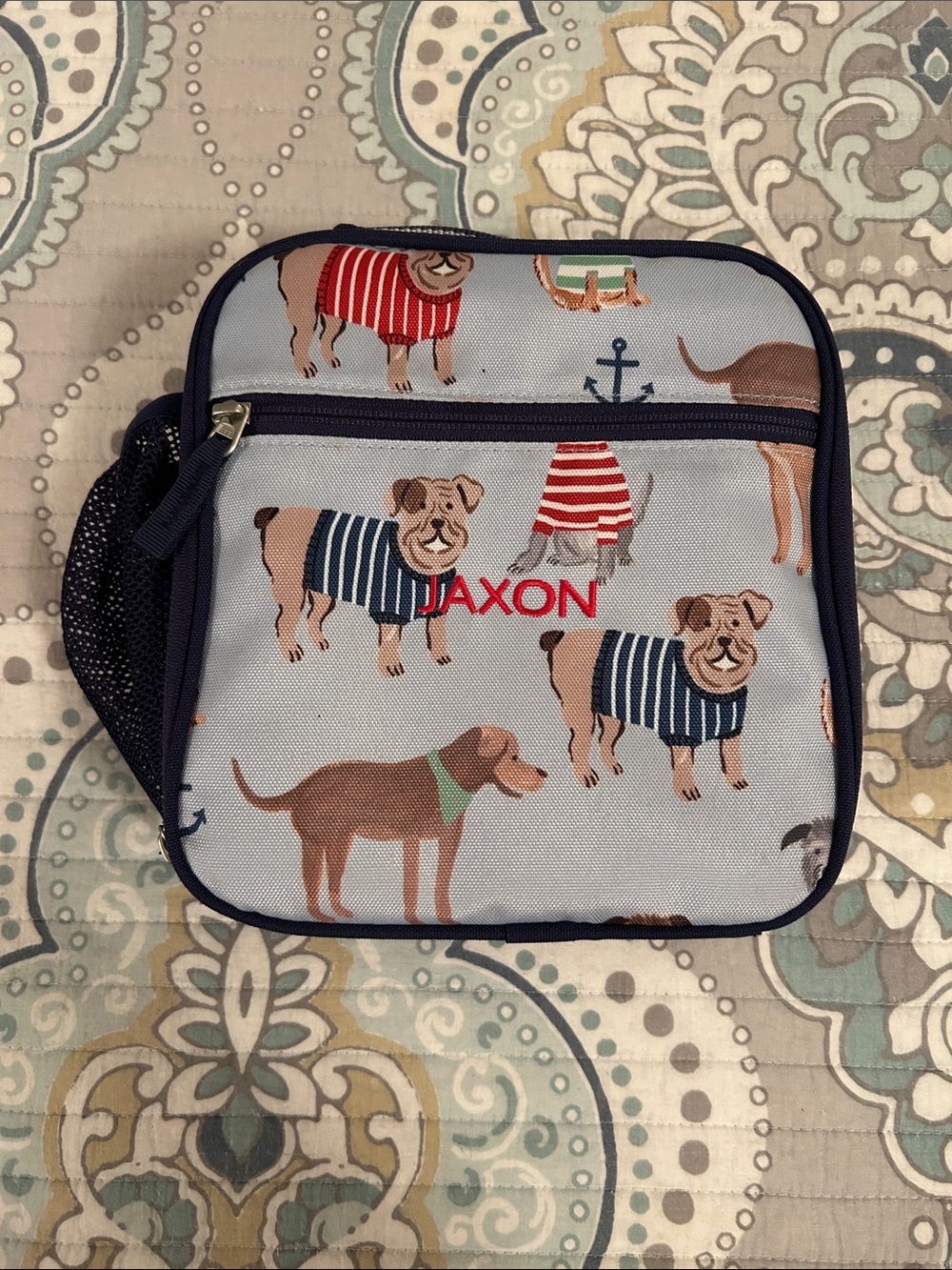 Pottery Barn Kids Gray Dog Insulated Lunch Bag with Navy Trim Jaxon monogram